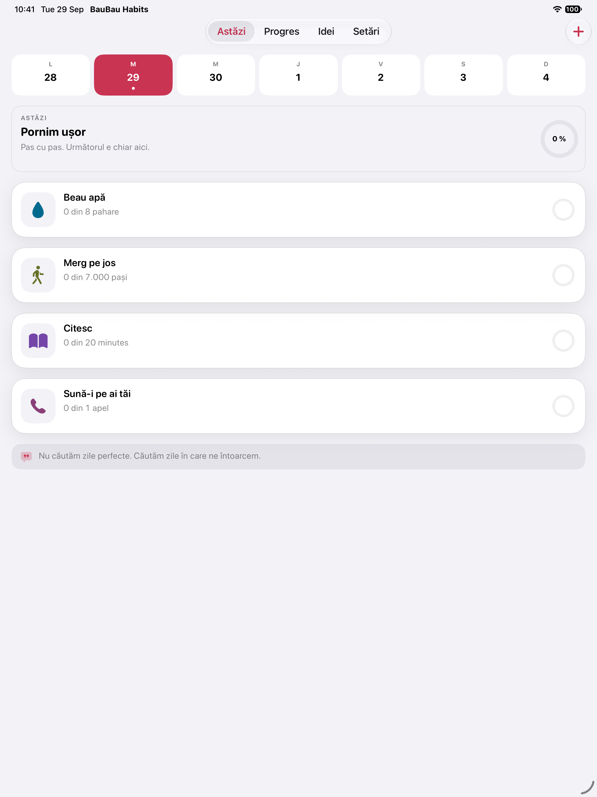 Ecranul Astăzi din BauBau pe iPad